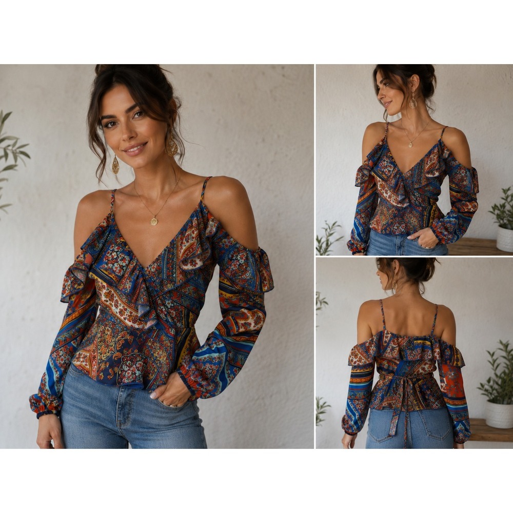 Womens Blouse Size 4 Scarf Print Cold Shoulder Wrap Maximalist Boho Resortwear